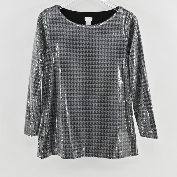 Chico's Tops - Chicos Womens Sequin Houndstooth Top Size S Silver Black Long Sleeve‎ Tunic Glam